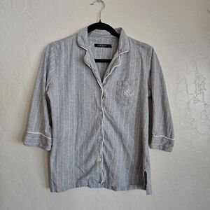 lauren ralph lauren grey stripe Women's 3/4 Sleeve Cotton Notch Collar Pajama S